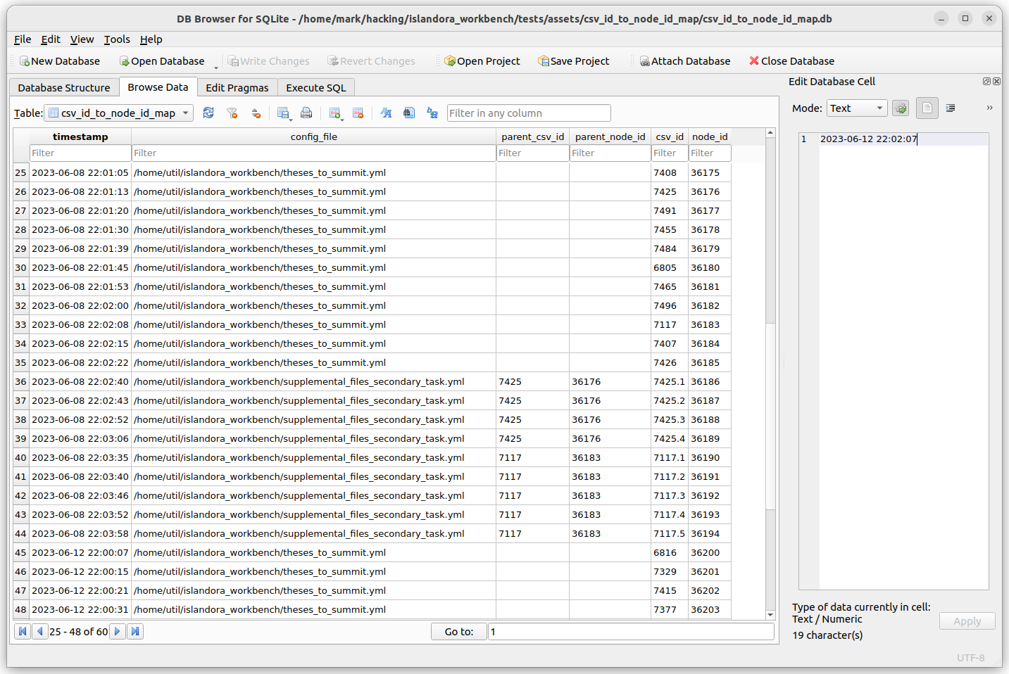 CSV to node ID map sample data in DB Browser